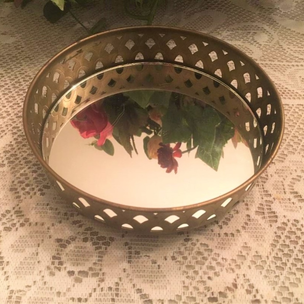 Rare Vtg Round Mirror Jewelry Tray Metal Cut-Outs